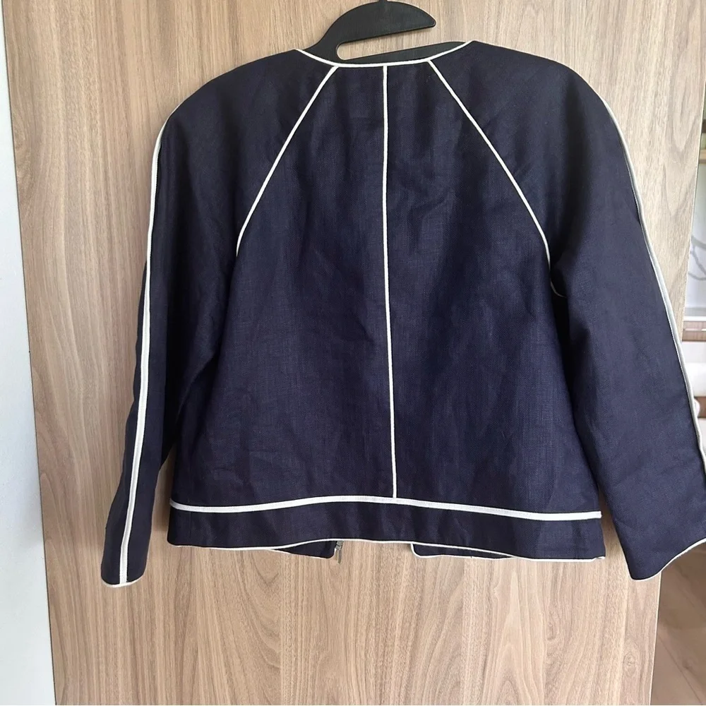 J. Crew Blazer 100% Linen Blue Jacket Blazer Size 4Piping Crop Lined Zip Women - Picture 6 of 6